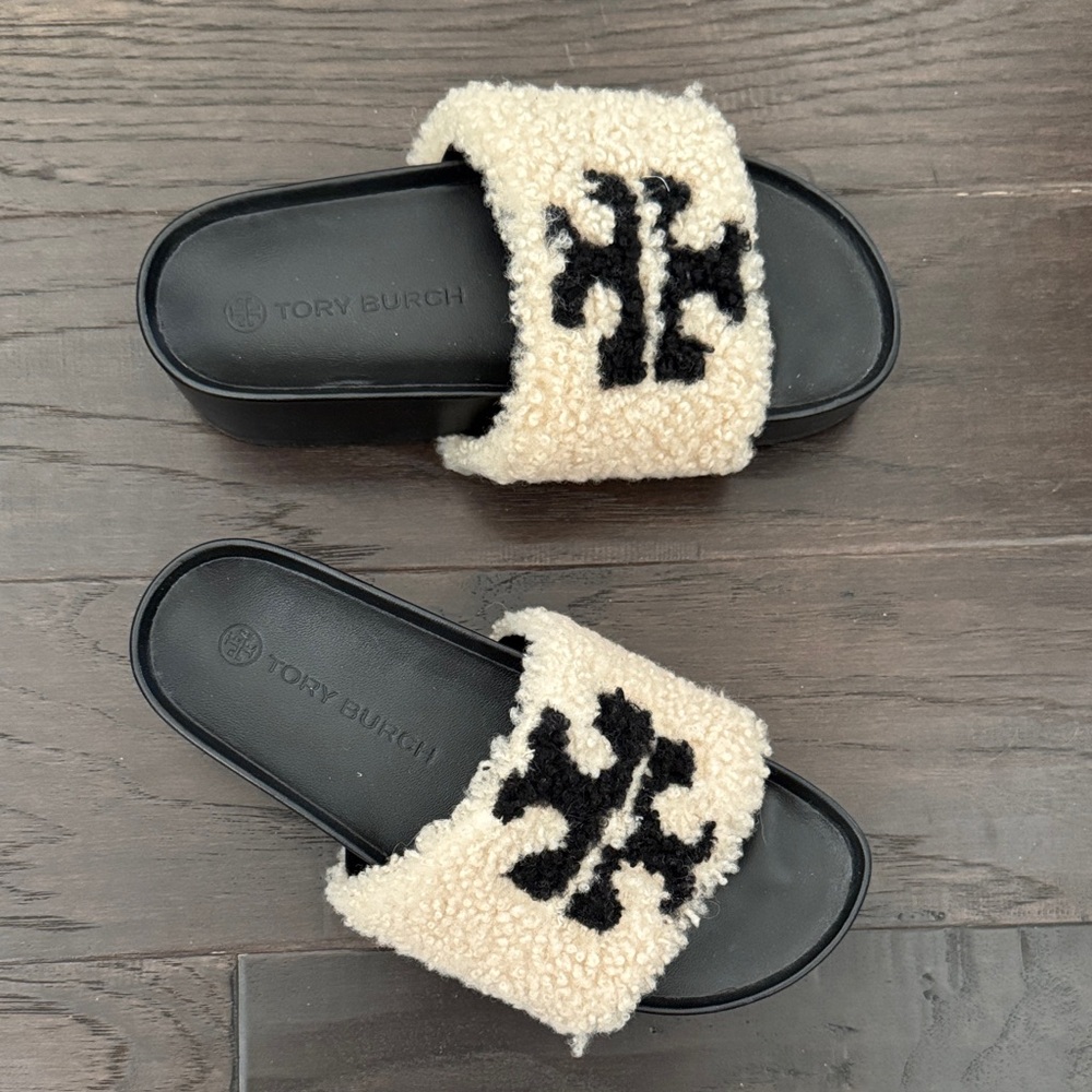 Tory Burch Cream and Black Fuzzy Slides - Picture 2 of 5